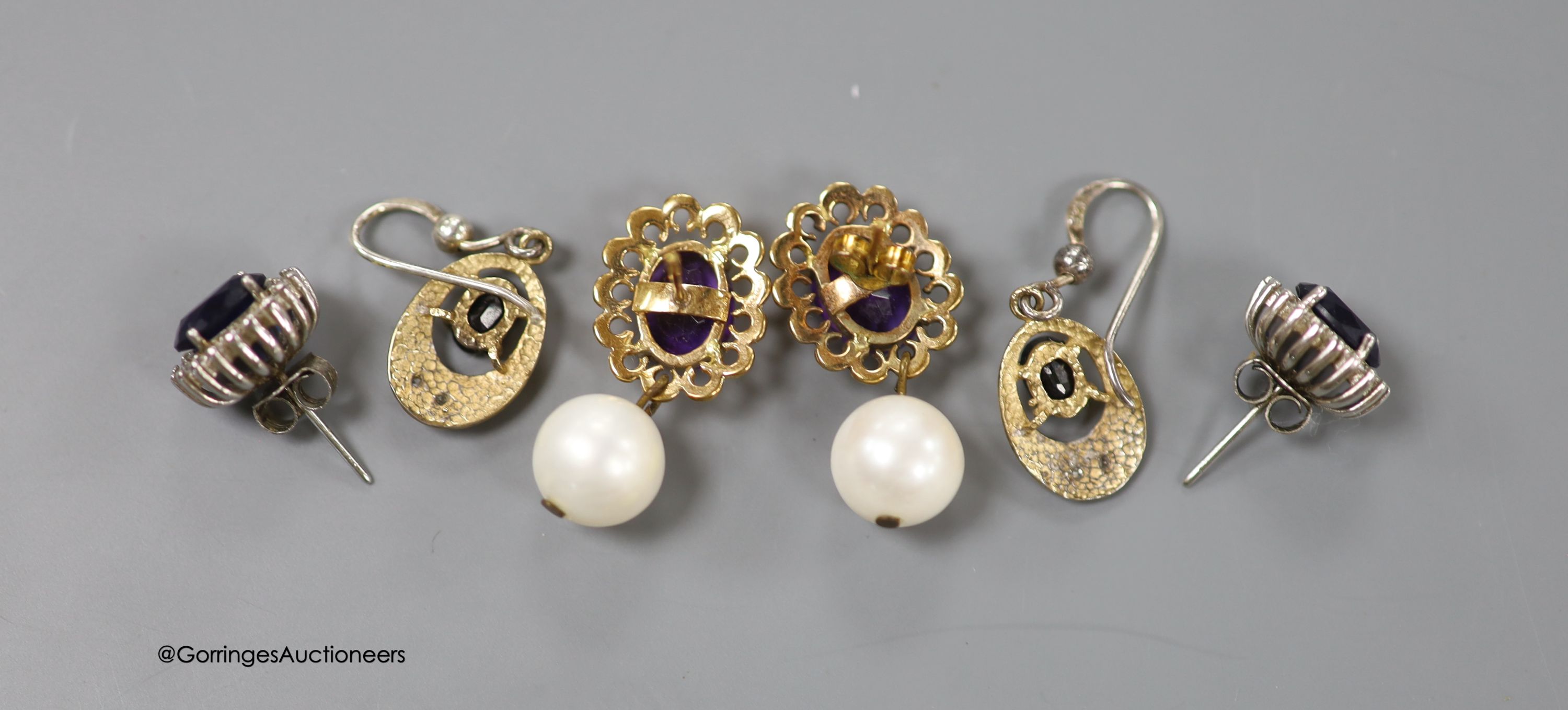 A pair of 9ct gold, amethyst and cultured pearl set drop earrings, 26mm and three other pairs of earrings.